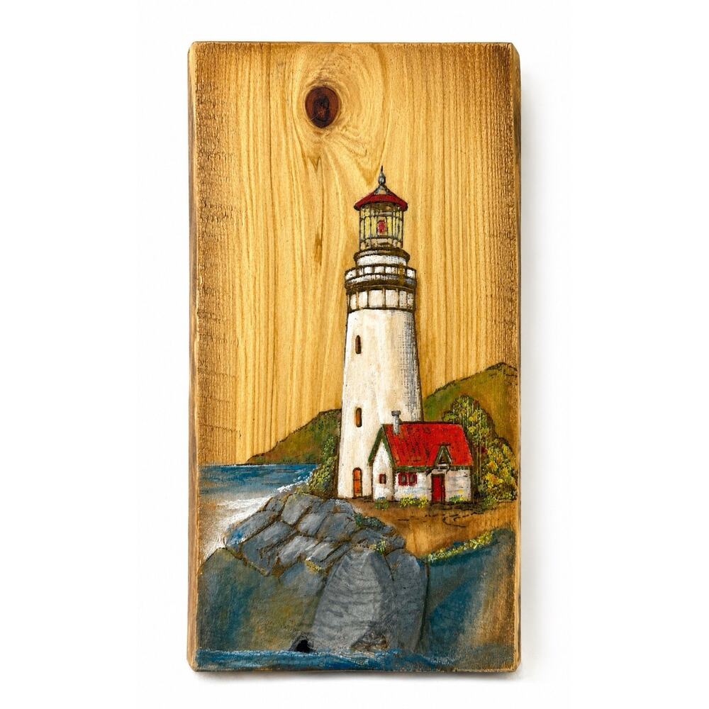 Live Edge Gifts Lighthouse Wood Wall Art Coastal Nautical Hand Painted Plaque - Picture 2 of 7